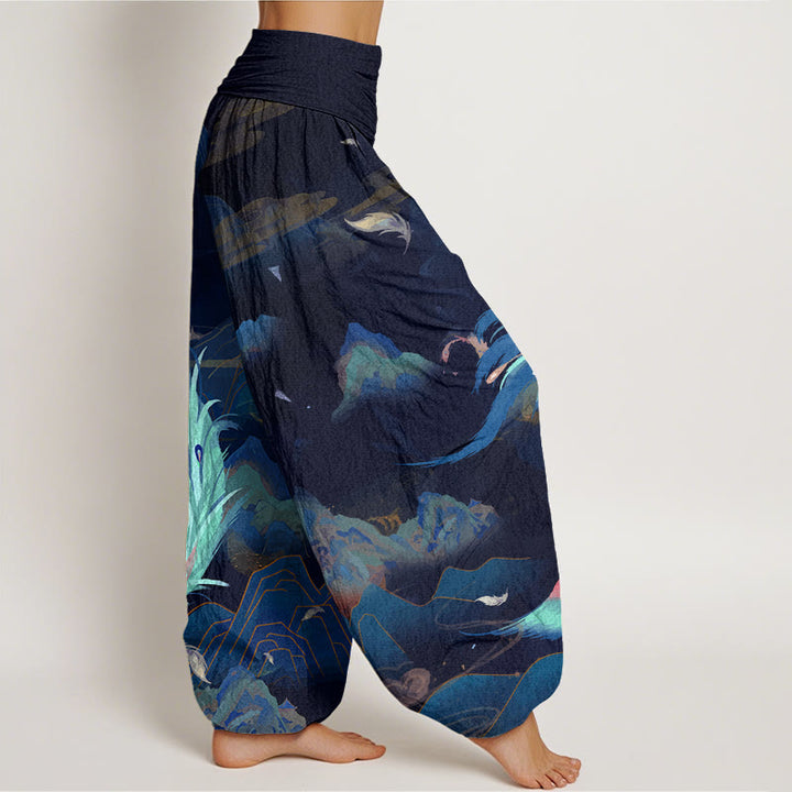 Pantalones bombachos de cintura elástica para mujer con estampado de nubes y montañas de fénix y Buddha Stones , de algodón. - image 9