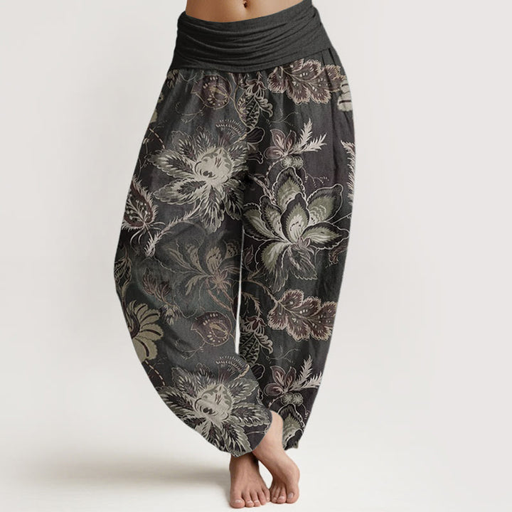 Pantalones harén de algodón puro con estampado floral y hojas de Buddha Stones para mujer, cintura elástica