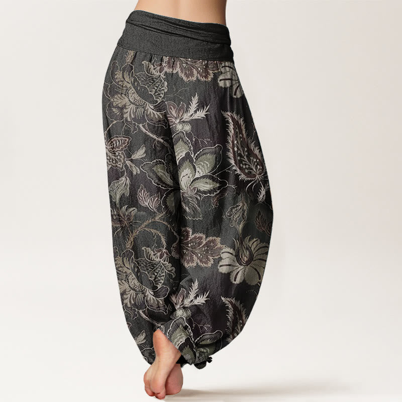Pantalones harén de algodón puro con estampado floral y hojas de Buddha Stones para mujer, cintura elástica