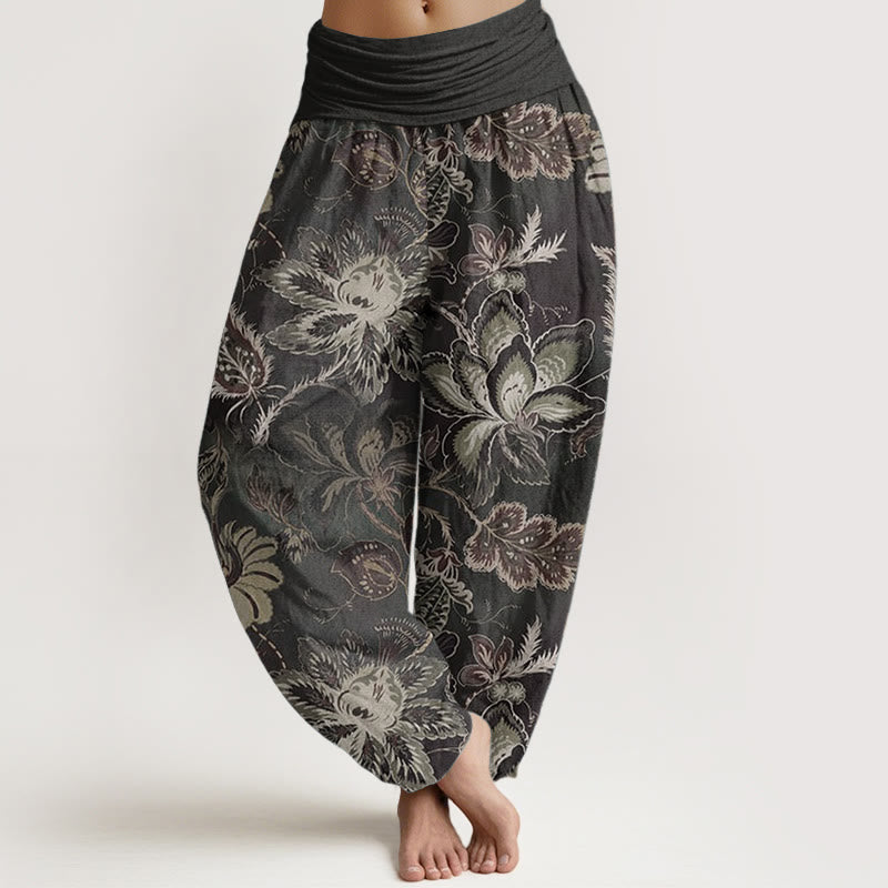 Pantalones harén de algodón puro con estampado floral y hojas de Buddha Stones para mujer, cintura elástica - Negro - US22，UK/AU26，EU54 (6XL) - image 0