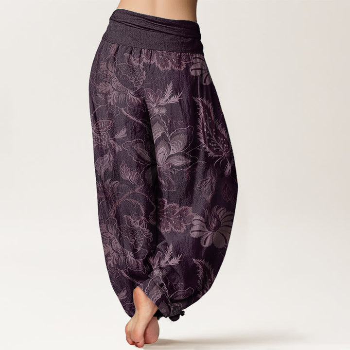 Pantalones harén de algodón puro con estampado floral y hojas de Buddha Stones para mujer, cintura elástica - image 9