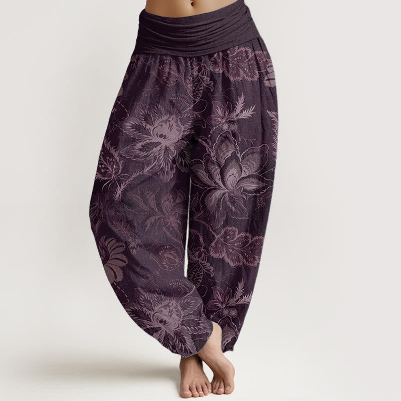 Pantalones harén de algodón puro con estampado floral y hojas de Buddha Stones para mujer, cintura elástica - Púrpura - US22，UK/AU26，EU54 (6XL) - image 8