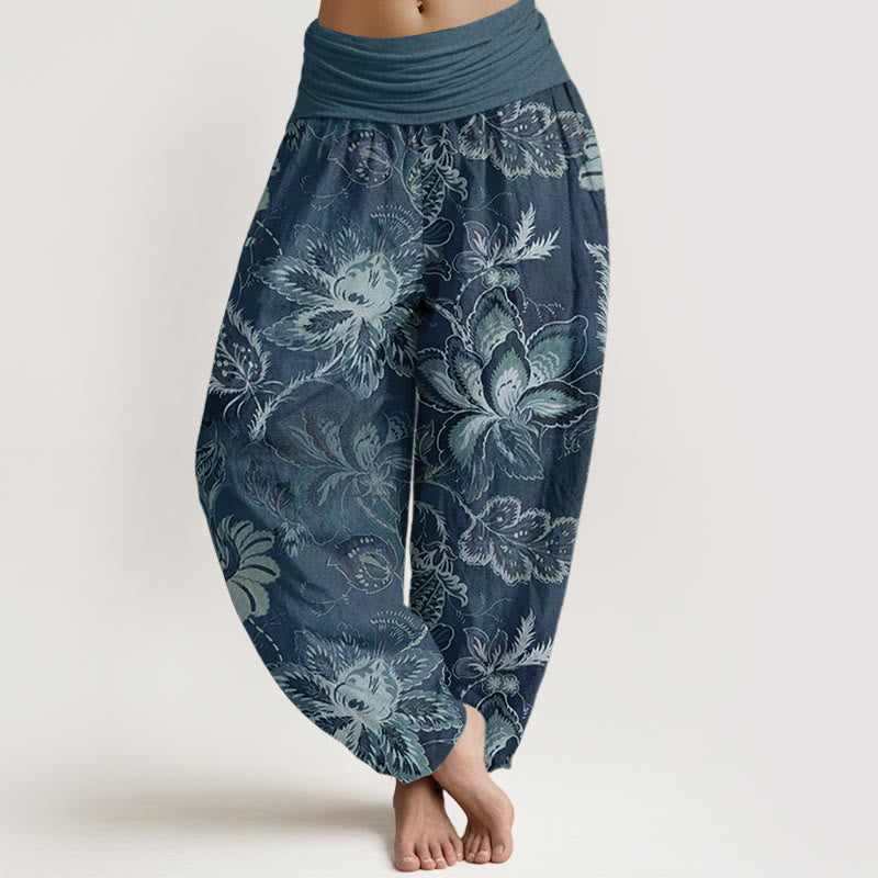 Pantalones harén de algodón puro con estampado floral y hojas de Buddha Stones para mujer, cintura elástica - Azul acero - US22，UK/AU26，EU54 (6XL) - image 5