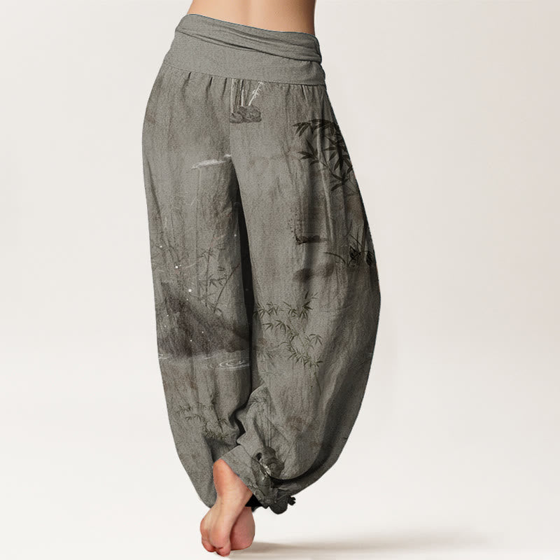 Pantalones harén de algodón puro con estampado de Buddha Stones , informales, de bambú y tinta de roca, con cintura elástica para mujer - image 8