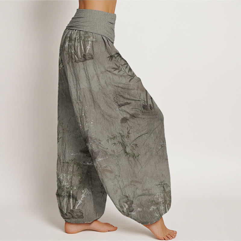 Pantalones harén de algodón puro con estampado de Buddha Stones , informales, de bambú y tinta de roca, con cintura elástica para mujer - image 9