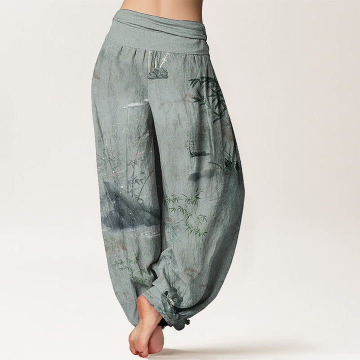 Pantalones harén de algodón puro con estampado de Buddha Stones , informales, de bambú y tinta de roca, con cintura elástica para mujer - image 10