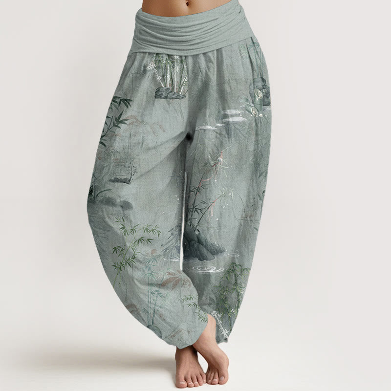 Pantalones harén de algodón puro con estampado de Buddha Stones , informales, de bambú y tinta de roca, con cintura elástica para mujer - Verde mar oscuro - US22，UK/AU26，EU54 (6XL) - image 9