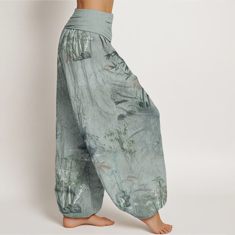 Pantalones harén de algodón puro con estampado de Buddha Stones , informales, de bambú y tinta de roca, con cintura elástica para mujer - image 12