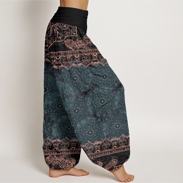 Pantalones harén de algodón puro con diseño elegante de mandala y flores de Buddha Stones para mujer, cintura elástica