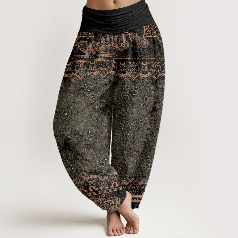 Pantalones harén de algodón puro con diseño elegante de mandala y flores de Buddha Stones para mujer, cintura elástica