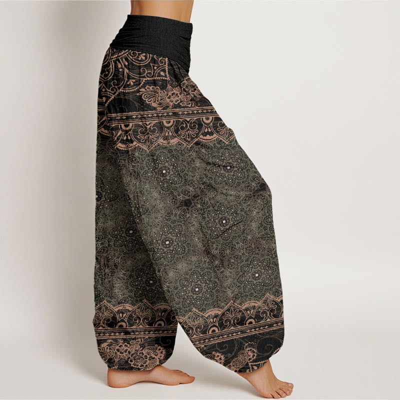 Pantalones harén de algodón puro con diseño elegante de mandala y flores de Buddha Stones para mujer, cintura elástica