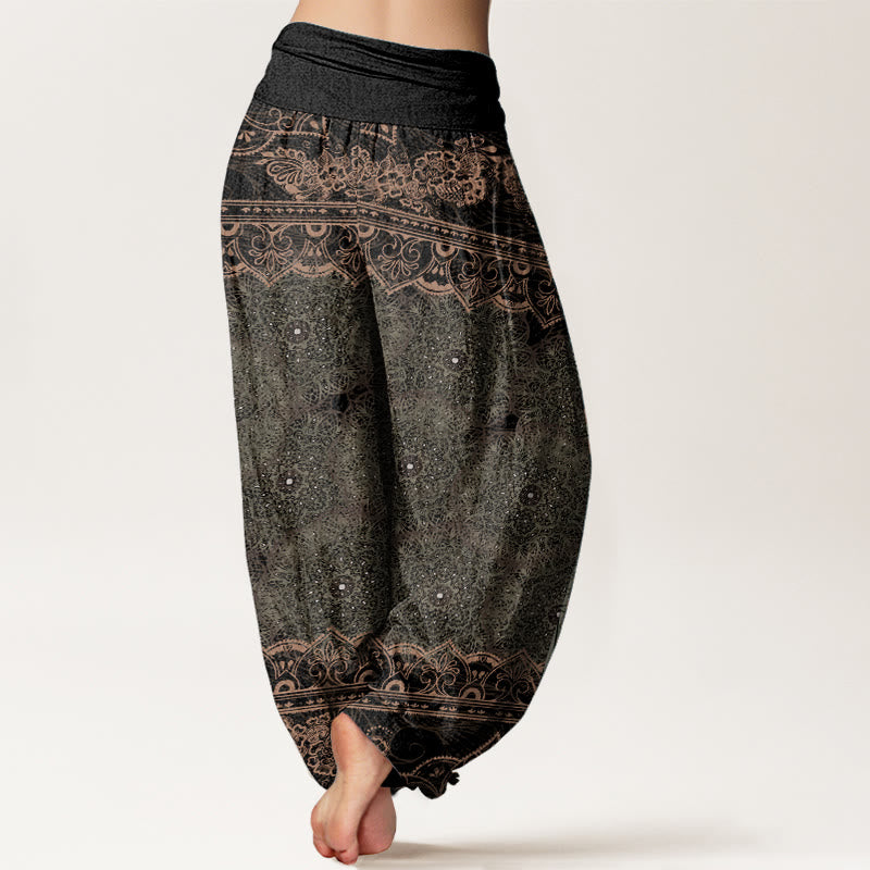 Pantalones harén de algodón puro con diseño elegante de mandala y flores de Buddha Stones para mujer, cintura elástica