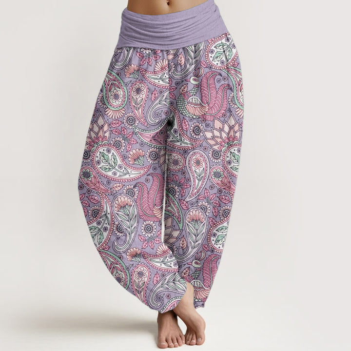 Pantalones Buddha Stones de algodón puro con diseño de flor de anacardo, pavo real y girasol para mujer, con cintura elástica - Ciruela - US22，UK/AU26，EU54 (6XL) - image 0