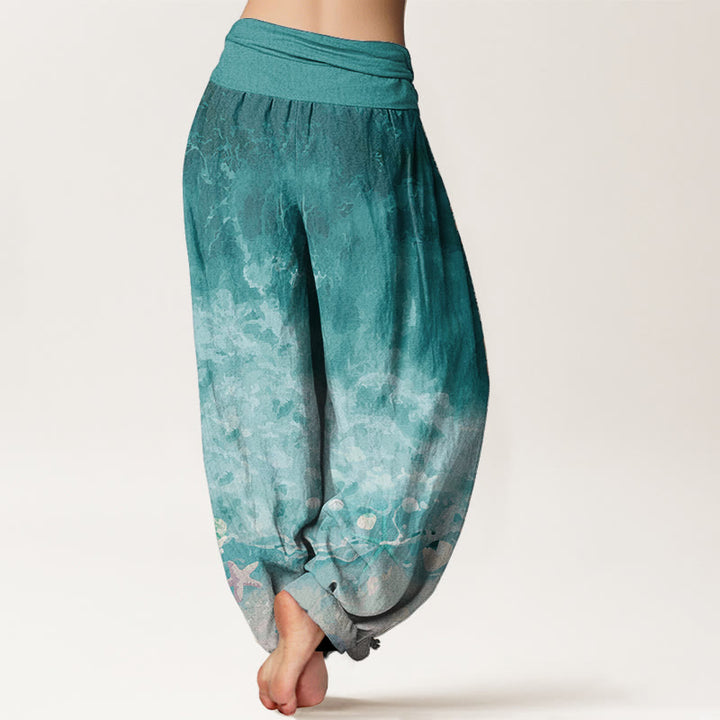 Pantalones harén de algodón puro con estampado de vasto océano y Buddha Stones para mujer, con cintura elástica