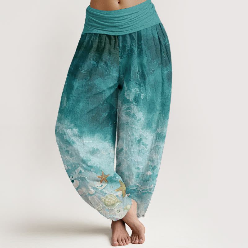 Pantalones harén de algodón puro con estampado de vasto océano y Buddha Stones para mujer, con cintura elástica