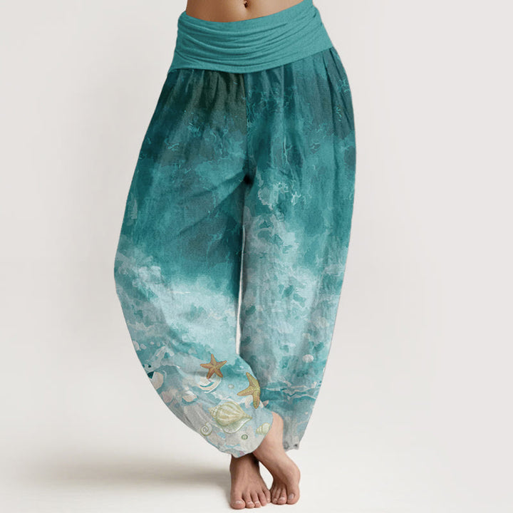 Pantalones harén de algodón puro con estampado de vasto océano y Buddha Stones para mujer, con cintura elástica