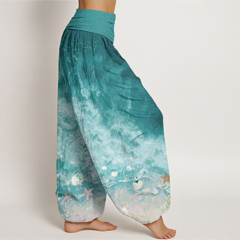 Pantalones harén de algodón puro con estampado de vasto océano y Buddha Stones para mujer, con cintura elástica