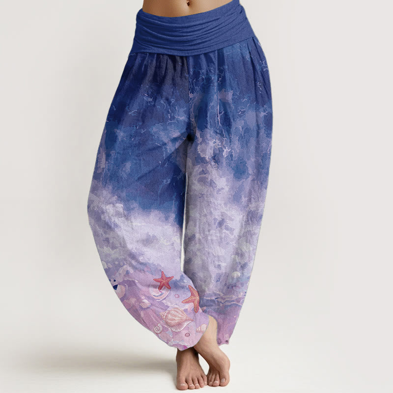 Pantalones harén de algodón puro con estampado de vasto océano y Buddha Stones para mujer, con cintura elástica