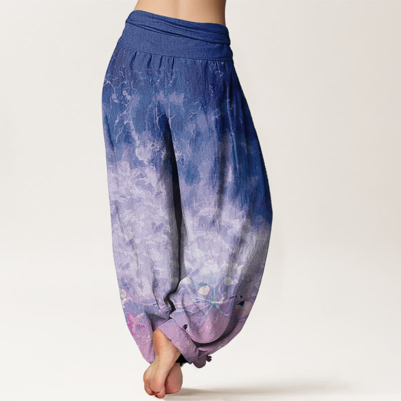 Pantalones harén de algodón puro con estampado de vasto océano y Buddha Stones para mujer, con cintura elástica