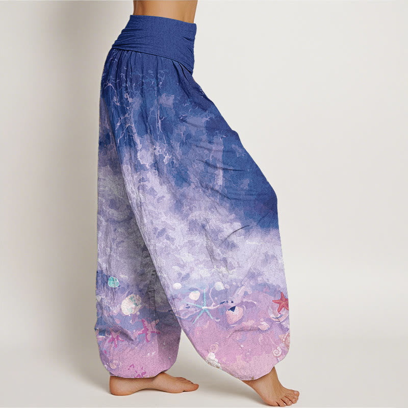 Pantalones harén de algodón puro con estampado de vasto océano y Buddha Stones para mujer, con cintura elástica
