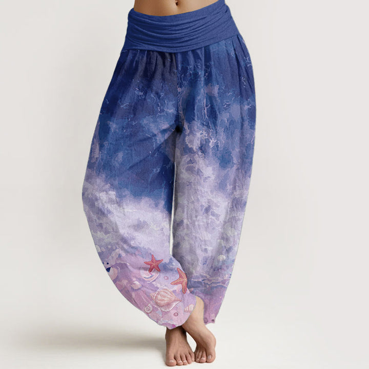 Pantalones harén de algodón puro con estampado de vasto océano y Buddha Stones para mujer, con cintura elástica - Violeta oscuro - US22，UK/AU26，EU54 (6XL) - image 9