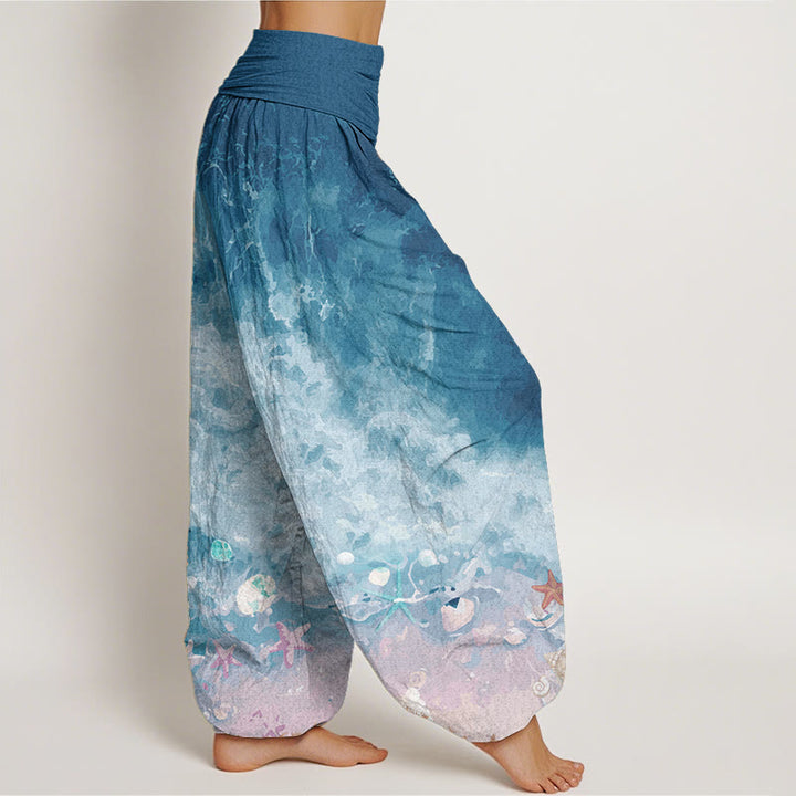 Pantalones harén de algodón puro con estampado de vasto océano y Buddha Stones para mujer, con cintura elástica
