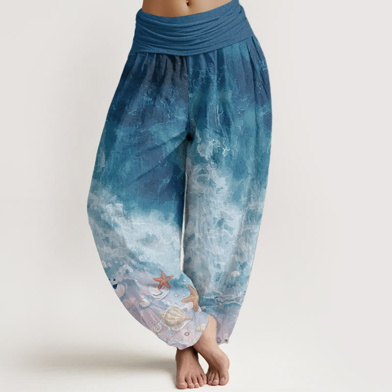 Pantalones harén de algodón puro con estampado de vasto océano y Buddha Stones para mujer, con cintura elástica