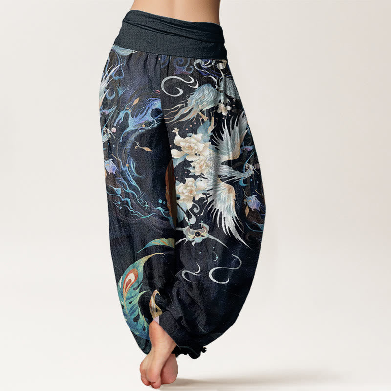 Pantalones Buddha Stones de algodón puro con estampado de flores de fénix y cintura elástica para mujer