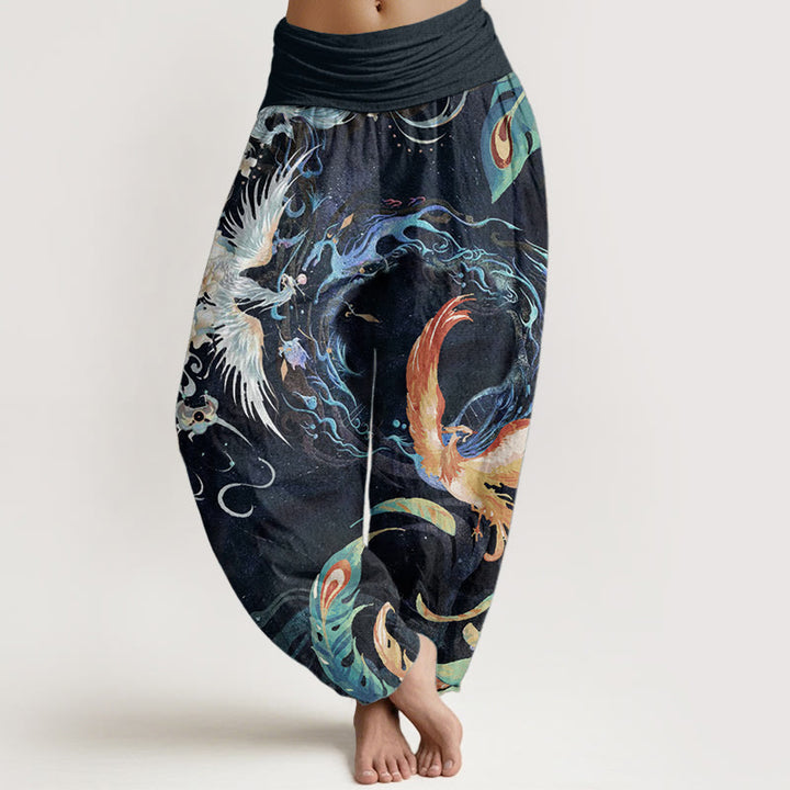 Pantalones Buddha Stones de algodón puro con estampado de flores de fénix y cintura elástica para mujer