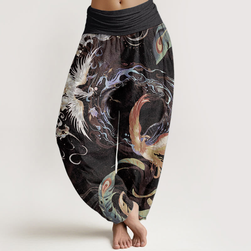 Pantalones Buddha Stones de algodón puro con estampado de flores de fénix y cintura elástica para mujer
