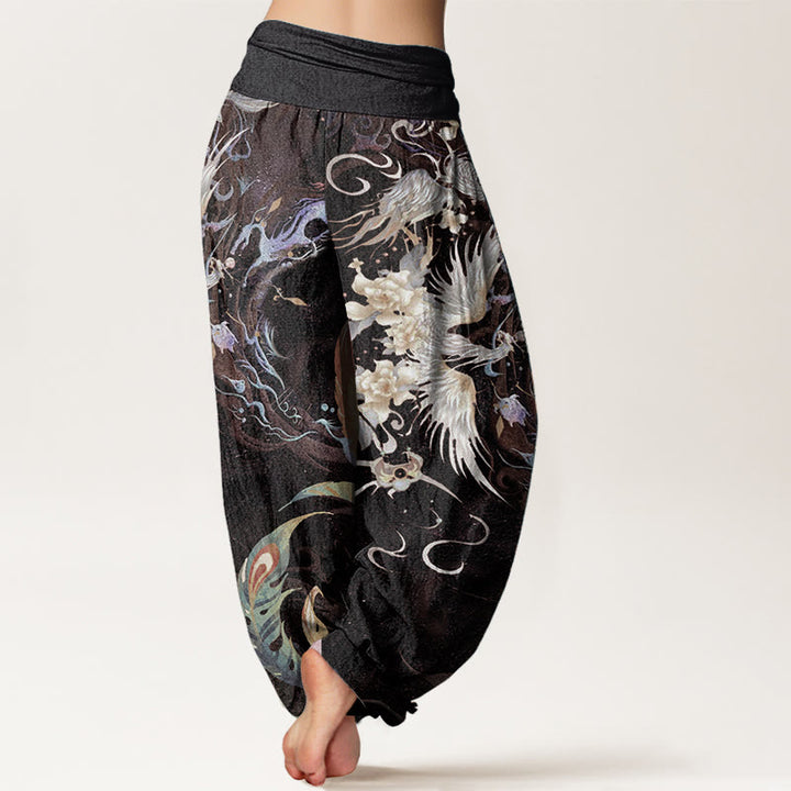 Pantalones Buddha Stones de algodón puro con estampado de flores de fénix y cintura elástica para mujer