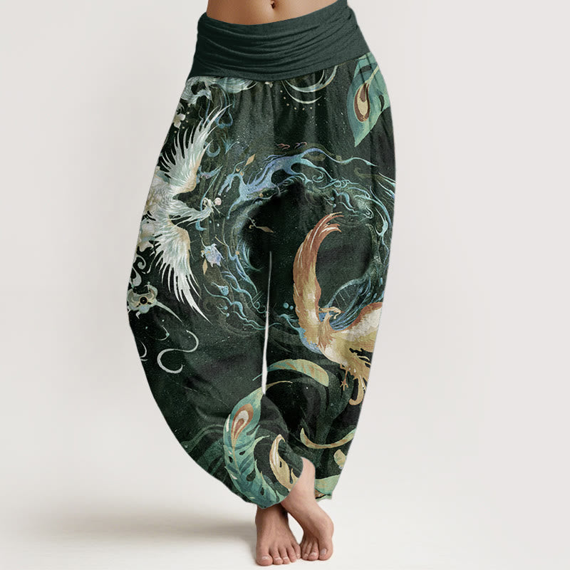 Pantalones Buddha Stones de algodón puro con estampado de flores de fénix y cintura elástica para mujer