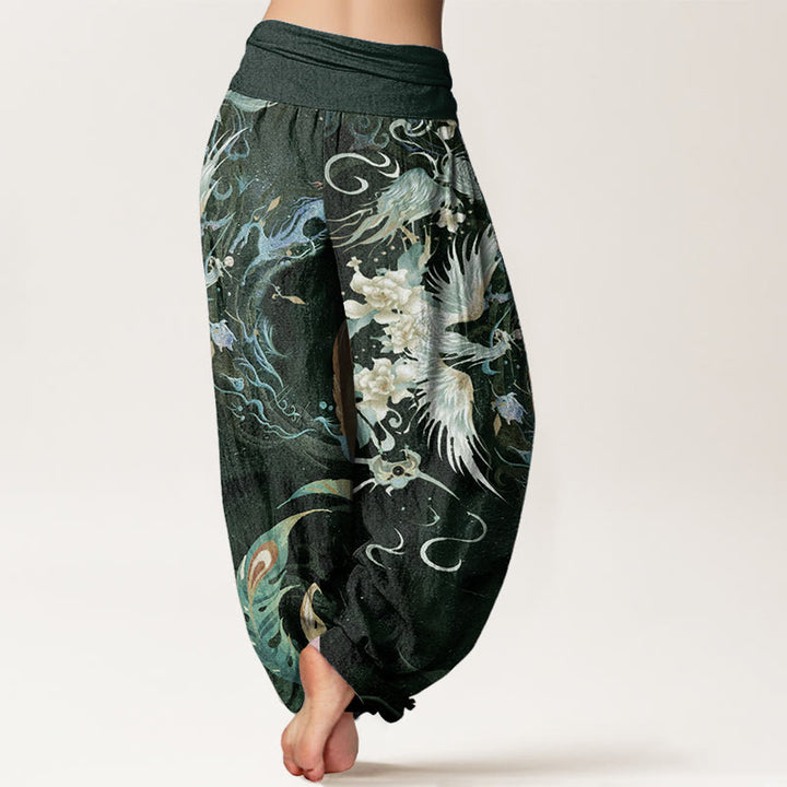 Pantalones Buddha Stones de algodón puro con estampado de flores de fénix y cintura elástica para mujer