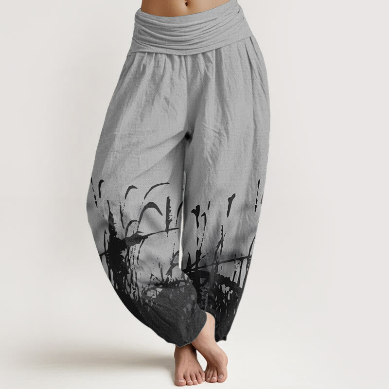 Pantalones harén de algodón puro con estampado de hierba silvestre y Buddha Stones para mujer, cintura elástica - Gris - US22，UK/AU26，EU54 (6XL) - image 0
