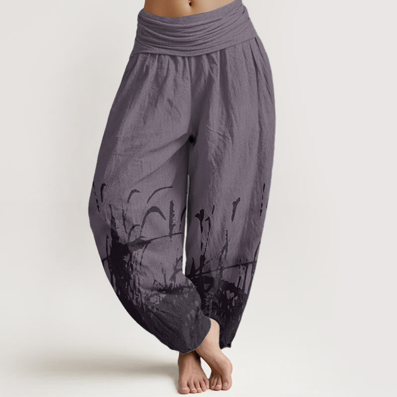 Pantalones harén de algodón puro con estampado de hierba silvestre y Buddha Stones para mujer, cintura elástica - Púrpura - US22，UK/AU26，EU54 (6XL) - image 8