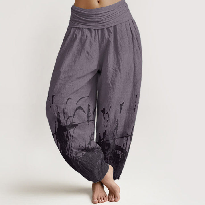 Pantalones harén de algodón puro con estampado de hierba silvestre y Buddha Stones para mujer, cintura elástica - Púrpura - US22，UK/AU26，EU54 (6XL) - image 8