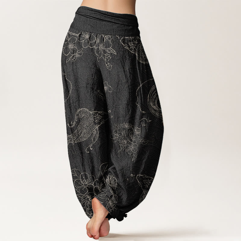 Pantalones harén de algodón puro con estampado floral de peces koi y Buddha Stones para mujer con cintura elástica - image 1