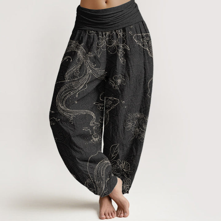 Pantalones harén de algodón puro con estampado floral de peces koi y Buddha Stones para mujer con cintura elástica