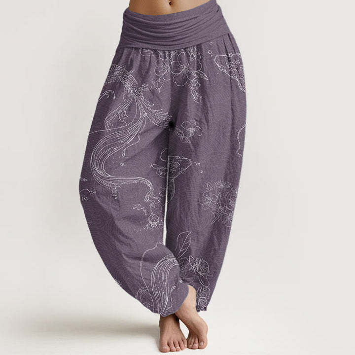 Pantalones harén de algodón puro con estampado floral de peces koi y Buddha Stones para mujer con cintura elástica - Morado medio - US22，UK/AU26，EU54 (6XL) - image 5