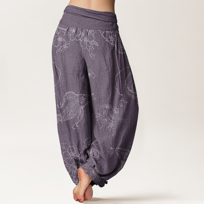 Pantalones harén de algodón puro con estampado floral de peces koi y Buddha Stones para mujer con cintura elástica
