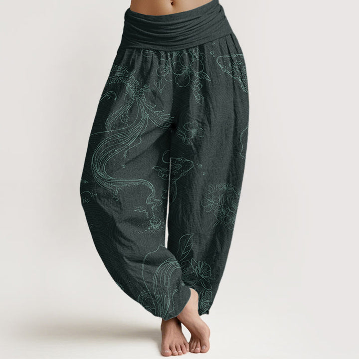 Pantalones harén de algodón puro con estampado floral de peces koi y Buddha Stones para mujer con cintura elástica