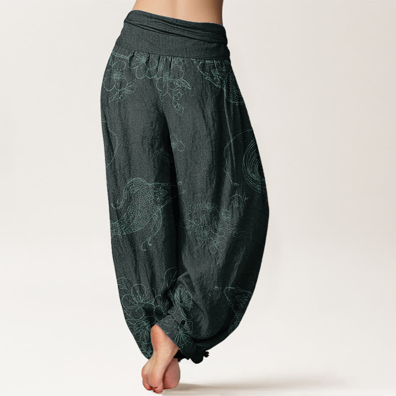 Pantalones harén de algodón puro con estampado floral de peces koi y Buddha Stones para mujer con cintura elástica