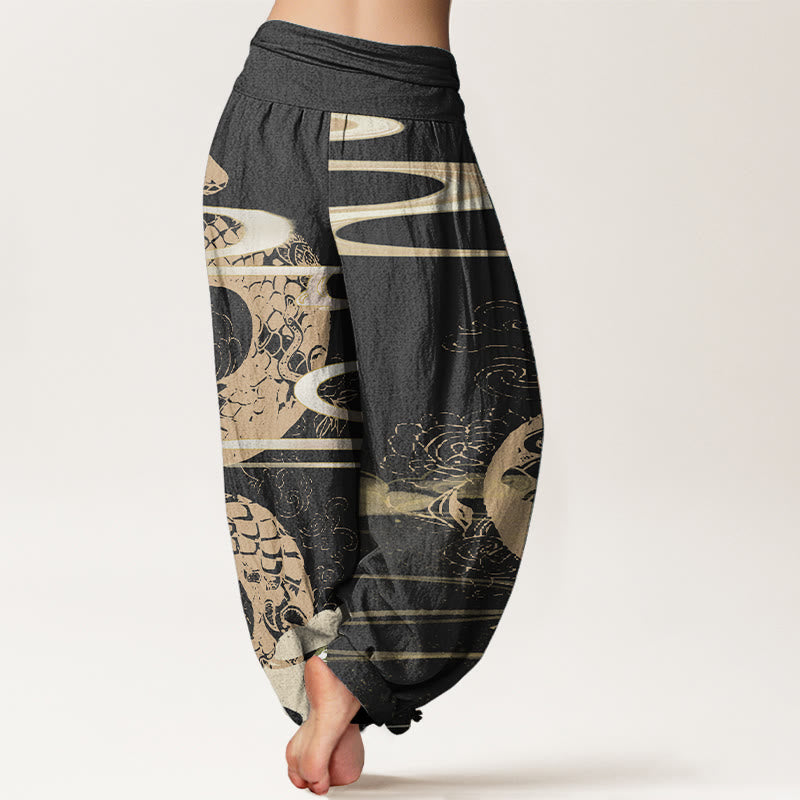 Pantalones Buddha Stones de algodón puro con diseño de nubes auspiciosas y estampado de serpiente para mujer, con cintura elástica