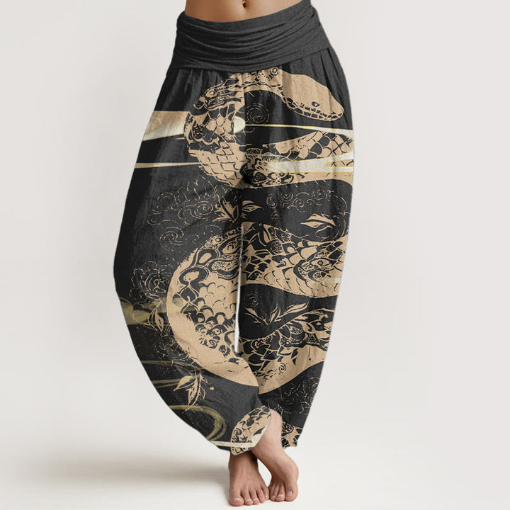 Pantalones Buddha Stones de algodón puro con diseño de nubes auspiciosas y estampado de serpiente para mujer, con cintura elástica