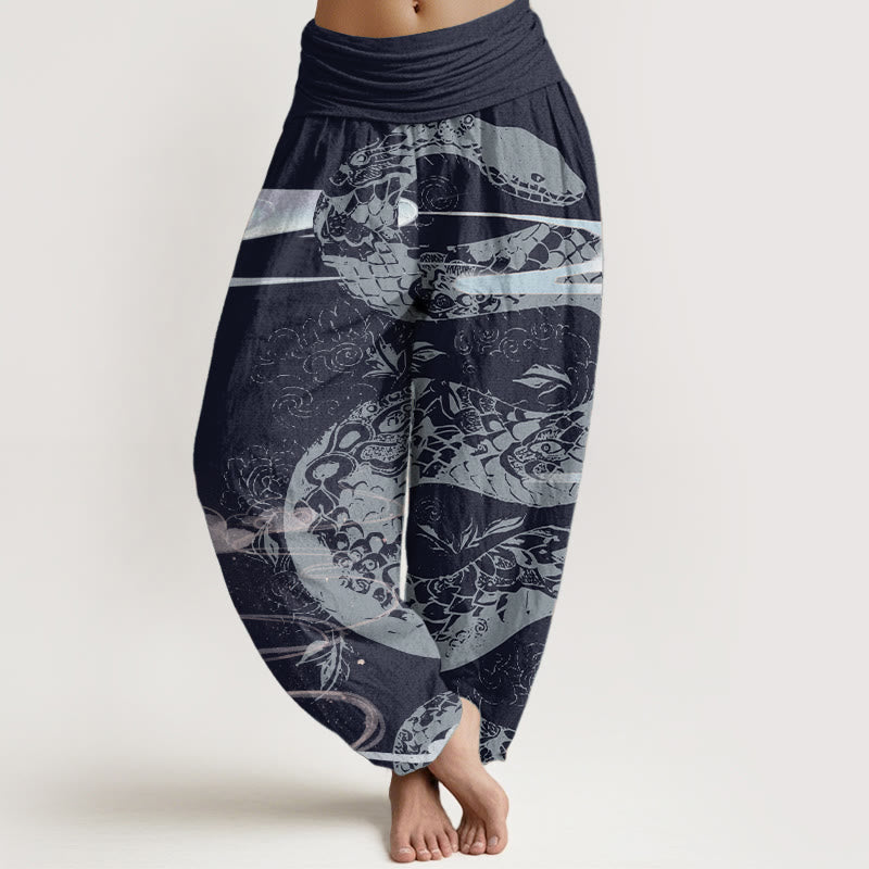 Pantalones Buddha Stones de algodón puro con diseño de nubes auspiciosas y estampado de serpiente para mujer, con cintura elástica