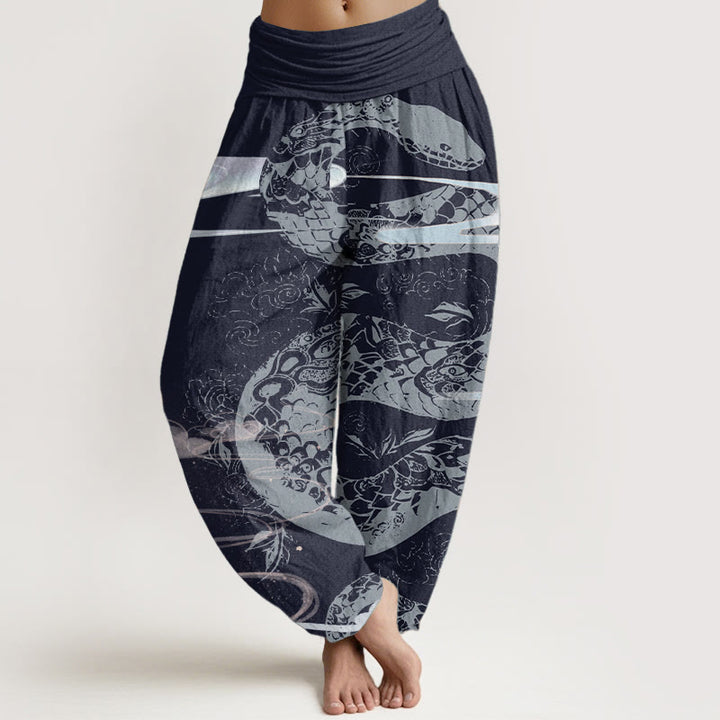Pantalones Buddha Stones de algodón puro con diseño de nubes auspiciosas y estampado de serpiente para mujer, con cintura elástica
