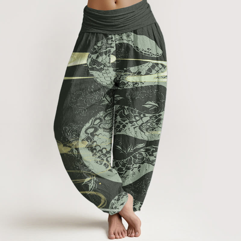Pantalones Buddha Stones de algodón puro con diseño de nubes auspiciosas y estampado de serpiente para mujer, con cintura elástica