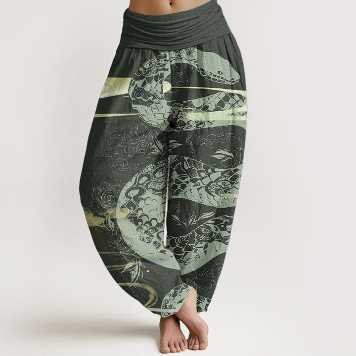 Pantalones Buddha Stones de algodón puro con diseño de nubes auspiciosas y estampado de serpiente para mujer, con cintura elástica