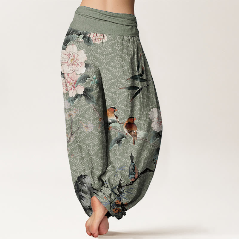 Pantalones harén de algodón puro con diseño de mandala, ramas de flores y pájaros currucas, con Buddha Stones y cintura elástica para mujer