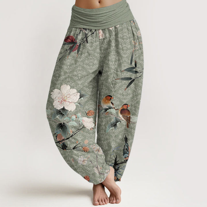 Pantalones harén de algodón puro con diseño de mandala, ramas de flores y pájaros currucas, con Buddha Stones y cintura elástica para mujer